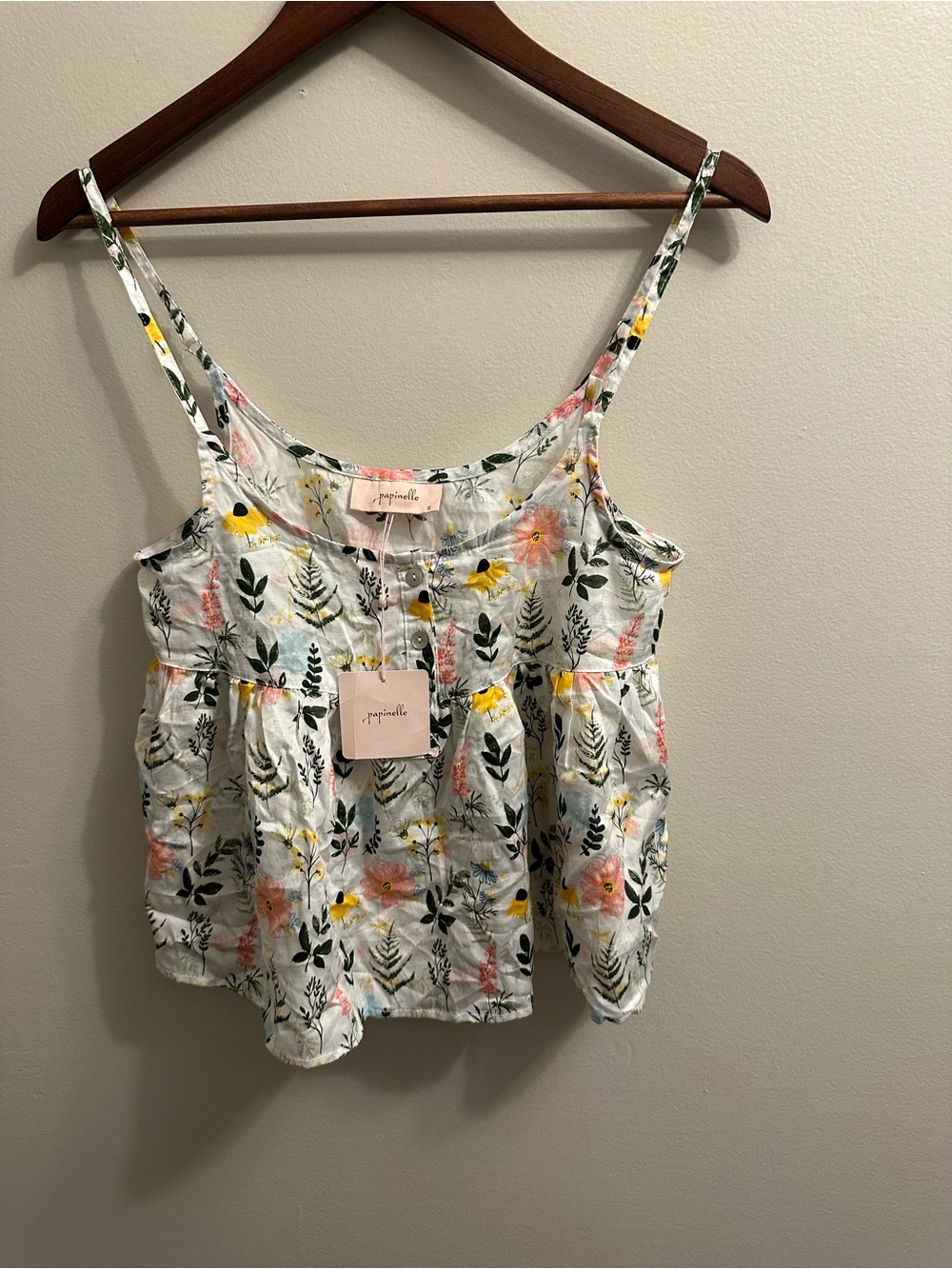 Papermoon White Floral Print Spaghetti Strap Cami with Yellow & Pink Accents
